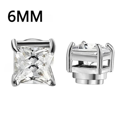 Pair of silver stud earrings with clear gemstones on a white background, labeled '6MM'.