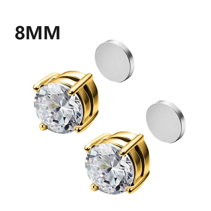 Gold stud earrings with clear gemstones and 8MM label on a white background