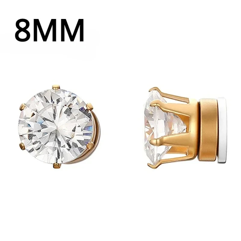Gold earrings with large clear gemstones on a white background, labeled '8MM'.
