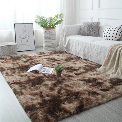 Brown shaggy rug in a living room with a sofa, plants, and decor items.