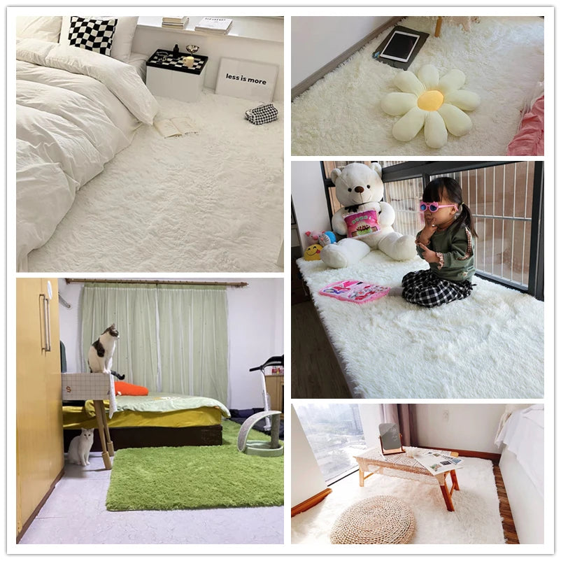 Collage of various rooms with white and green rugs.