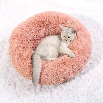 Cat lying on a fluffy pink pet bed against a white background