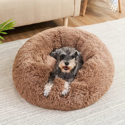 Dog lying on a fluffy brown pet bed in a home setting