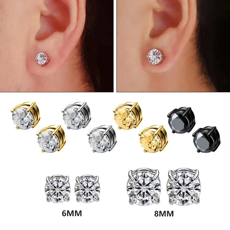 Diamond stud earrings shown on an ear with additional pairs in gold, silver, and black displayed below.