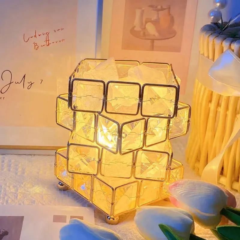 Decorative lamp with cube design on a table