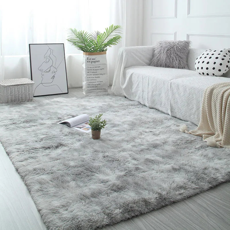 Living room with a gray rug, white sofa, and decorative items.