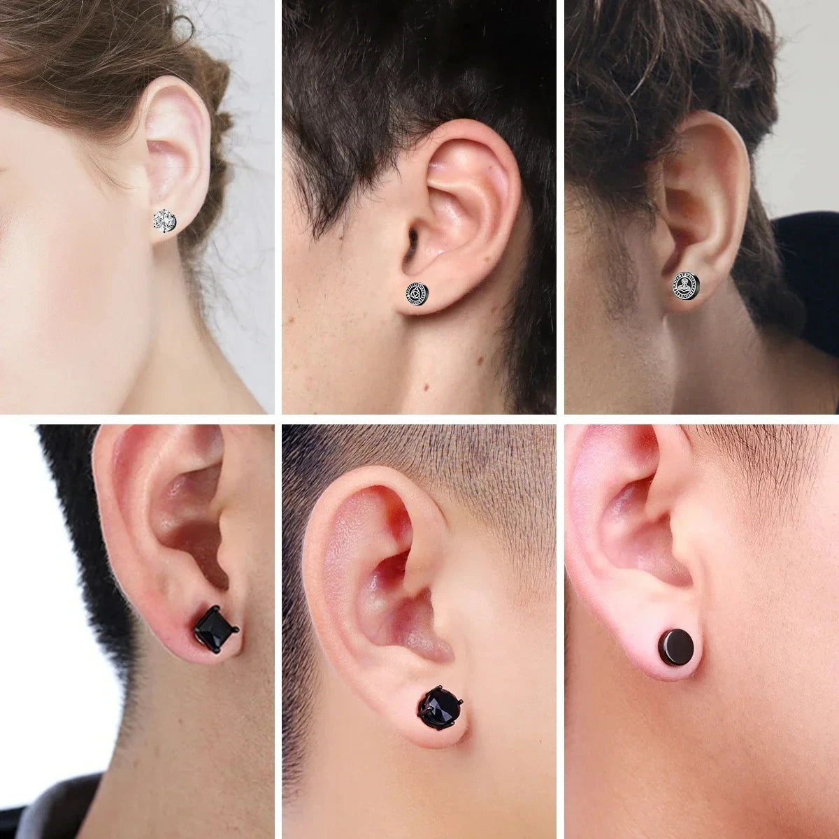 Collage of earrings worn on different ears to showcase design and fit.
