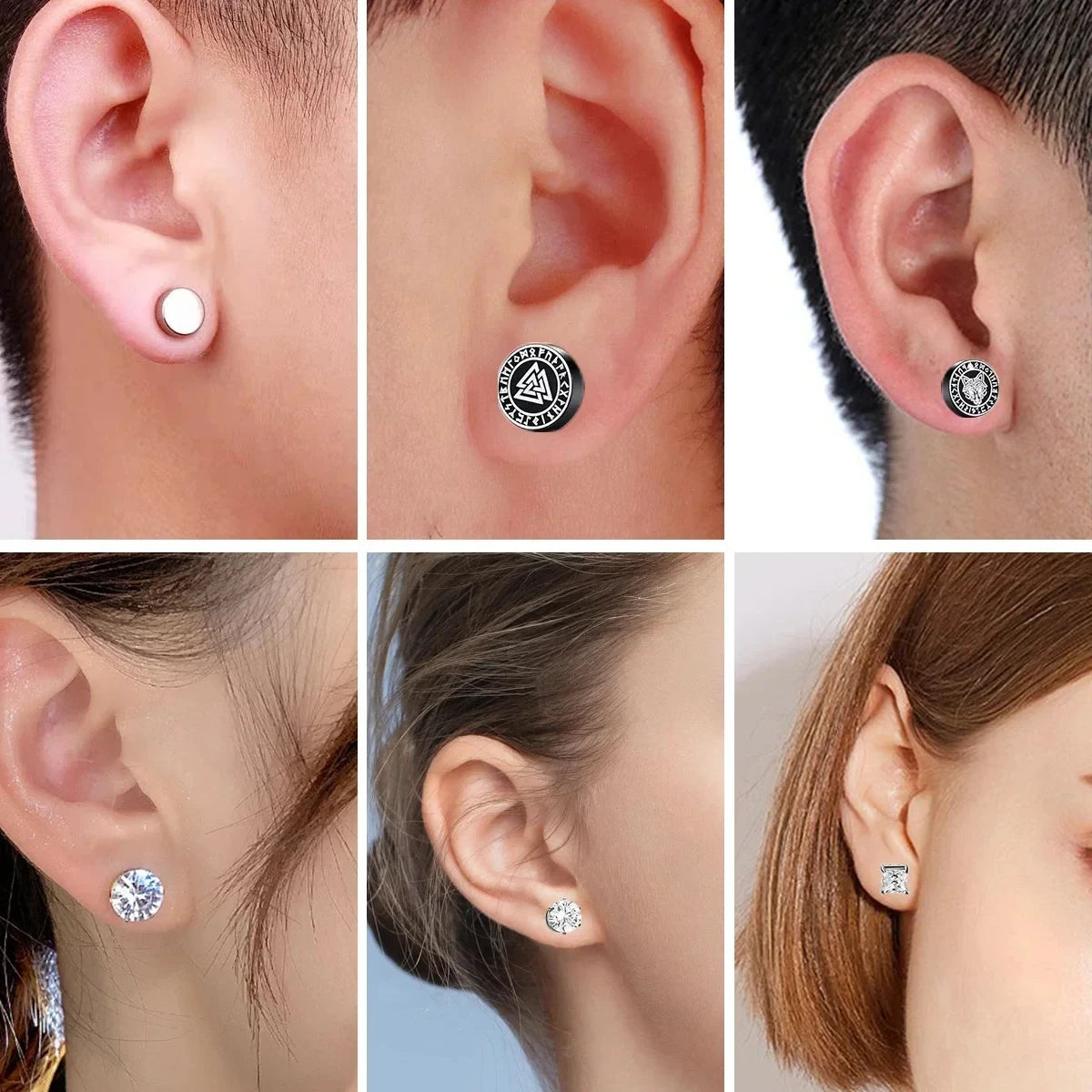 Collage of earrings worn by different people on various ears.