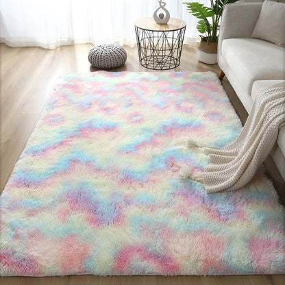 Multicolored fluffy rug in a living room setting with a sofa and small table.