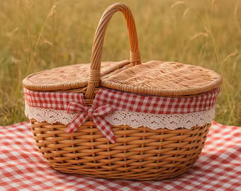 Wicker picnic basket with a checkered ribbon on a red and white checkered tablecloth in a field.
