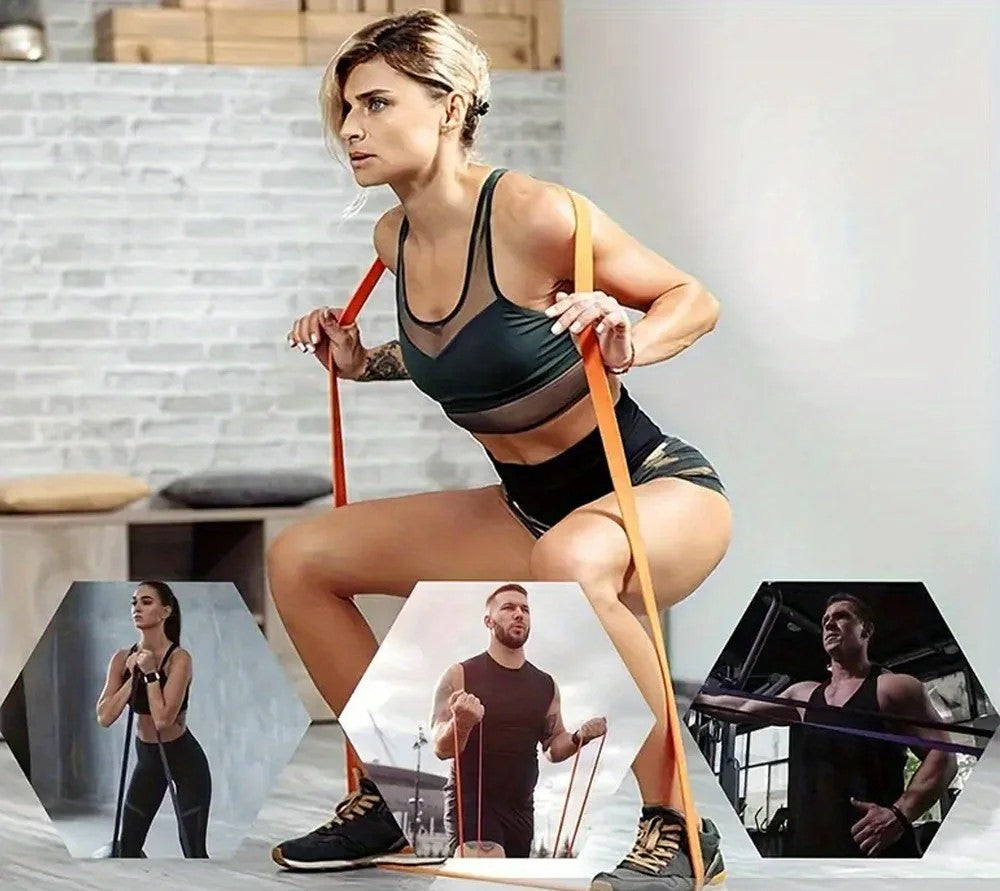 Woman exercising with resistance bands in a home setting