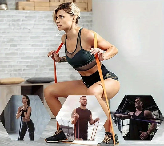 Woman exercising with resistance bands in a home setting