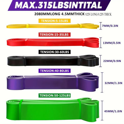 Set of resistance bands with color-coded tension levels and dimensions.