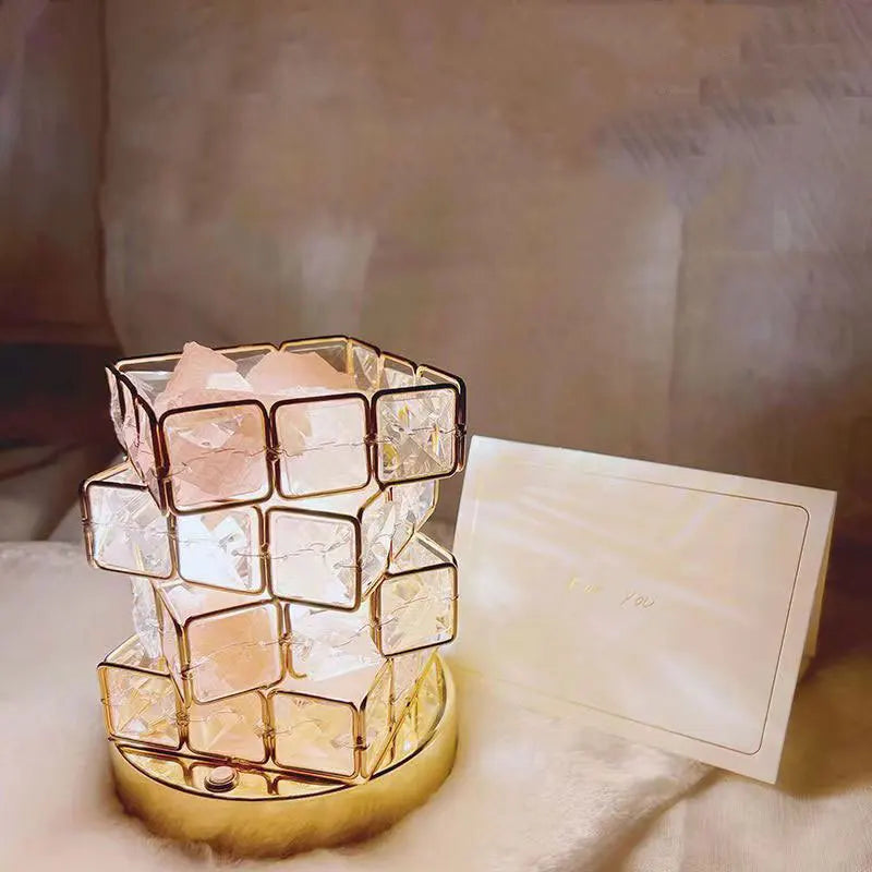Decorative lamp with glass cubes on a soft surface