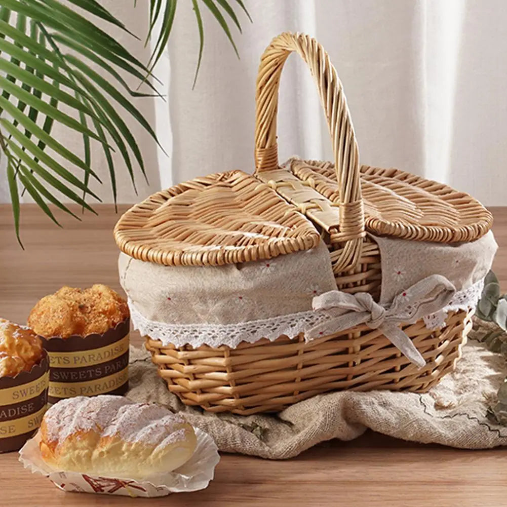 Wicker picnic basket with lace trim on a wooden table, surrounded by pastries and jars.
