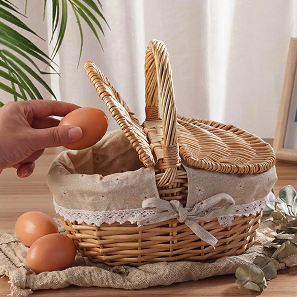Wicker basket with lace trim held by a hand, with eggs on a wooden surface.