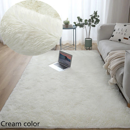 Cream-colored rug in a living room with a laptop and decor items.