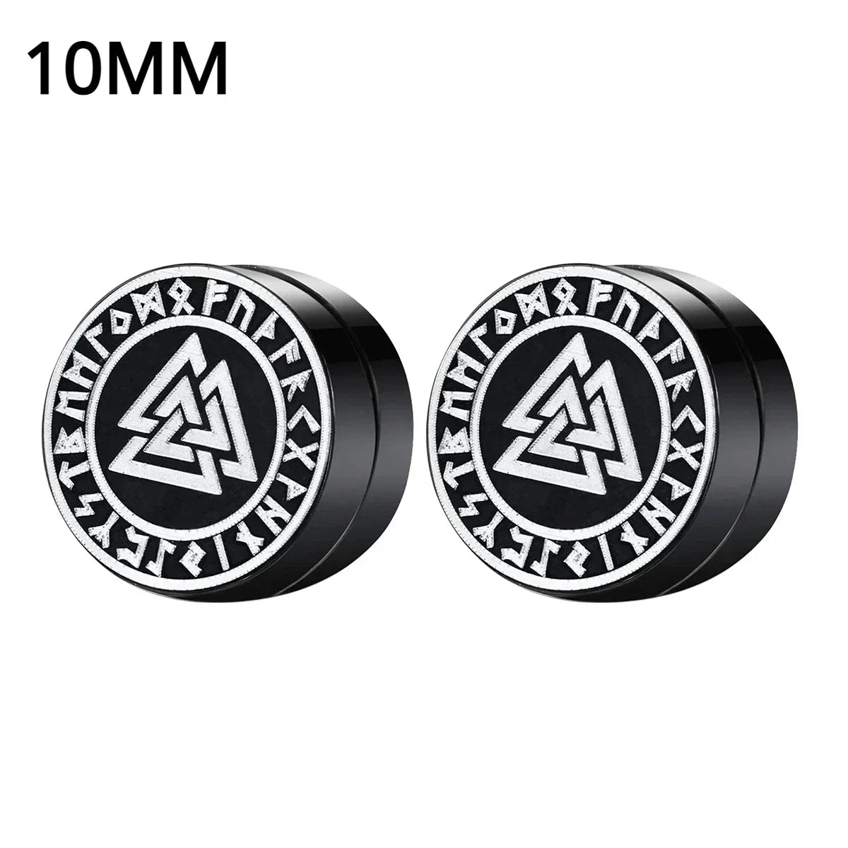 Two black and silver Viking symbol earrings on a white background with '10MM' text.
