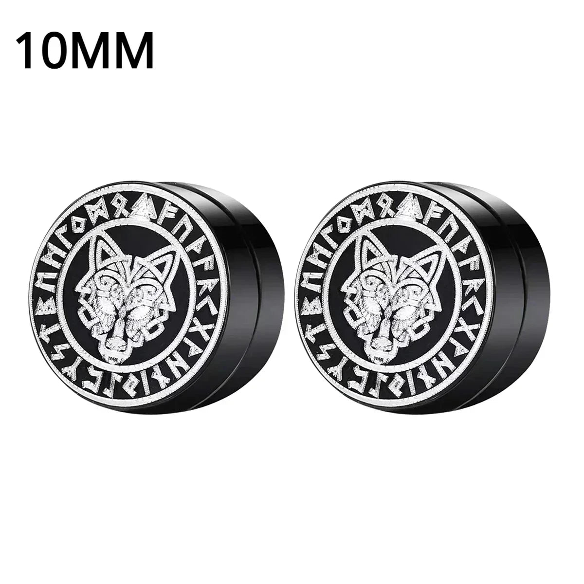Pair of black and silver earrings with wolf design and runes on a white background.