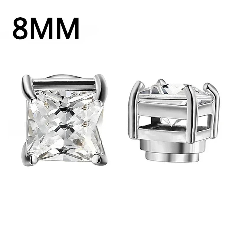 Pair of silver stud earrings with clear gemstones on a white background, labeled '8MM'.
