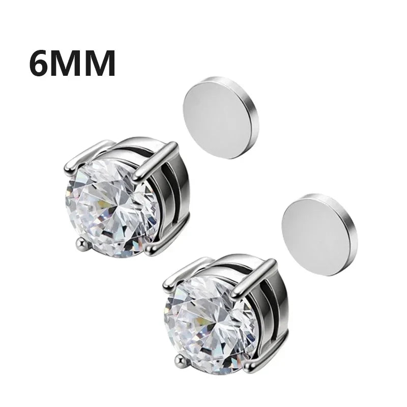 Silver stud earrings with clear gemstones and a 6MM label on a white background