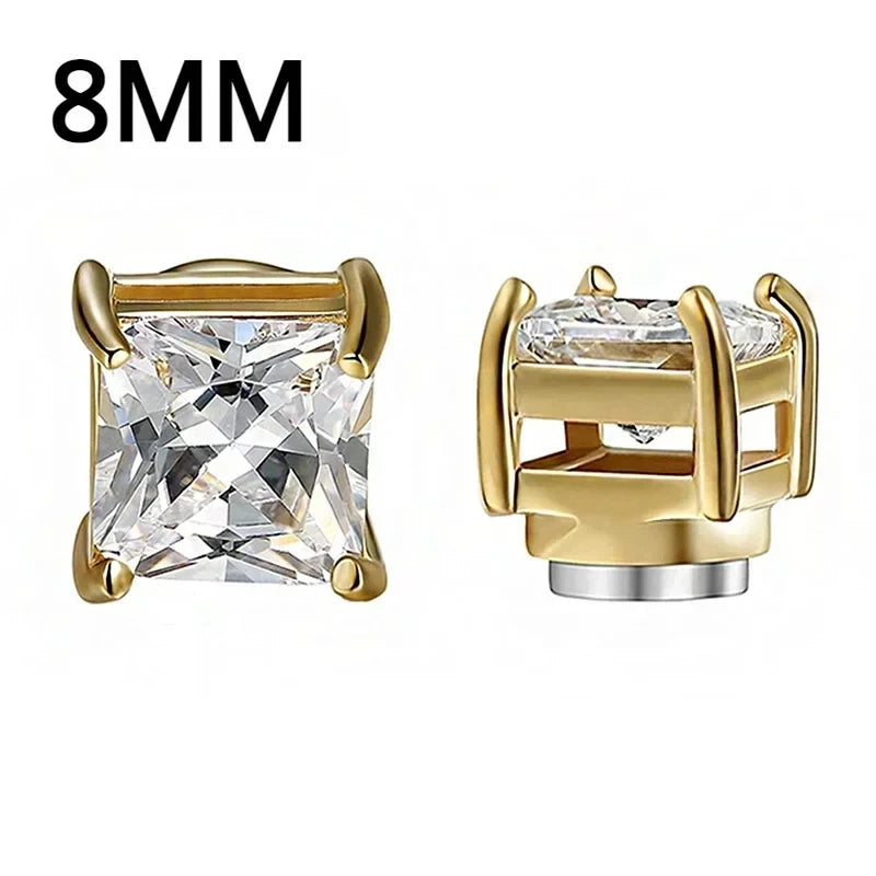 Gold and silver stud earrings with '8MM' text on a white background