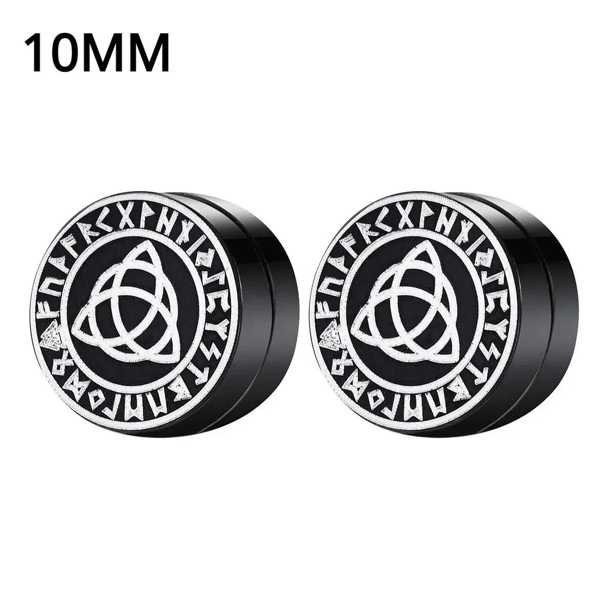 Pair of black and silver earrings with Celtic knot design on a white background