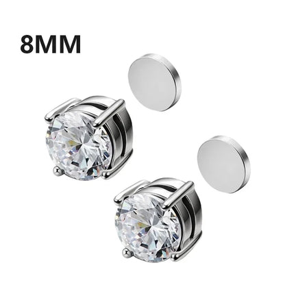 Silver stud earrings with clear gemstones and a 6MM label on a white background